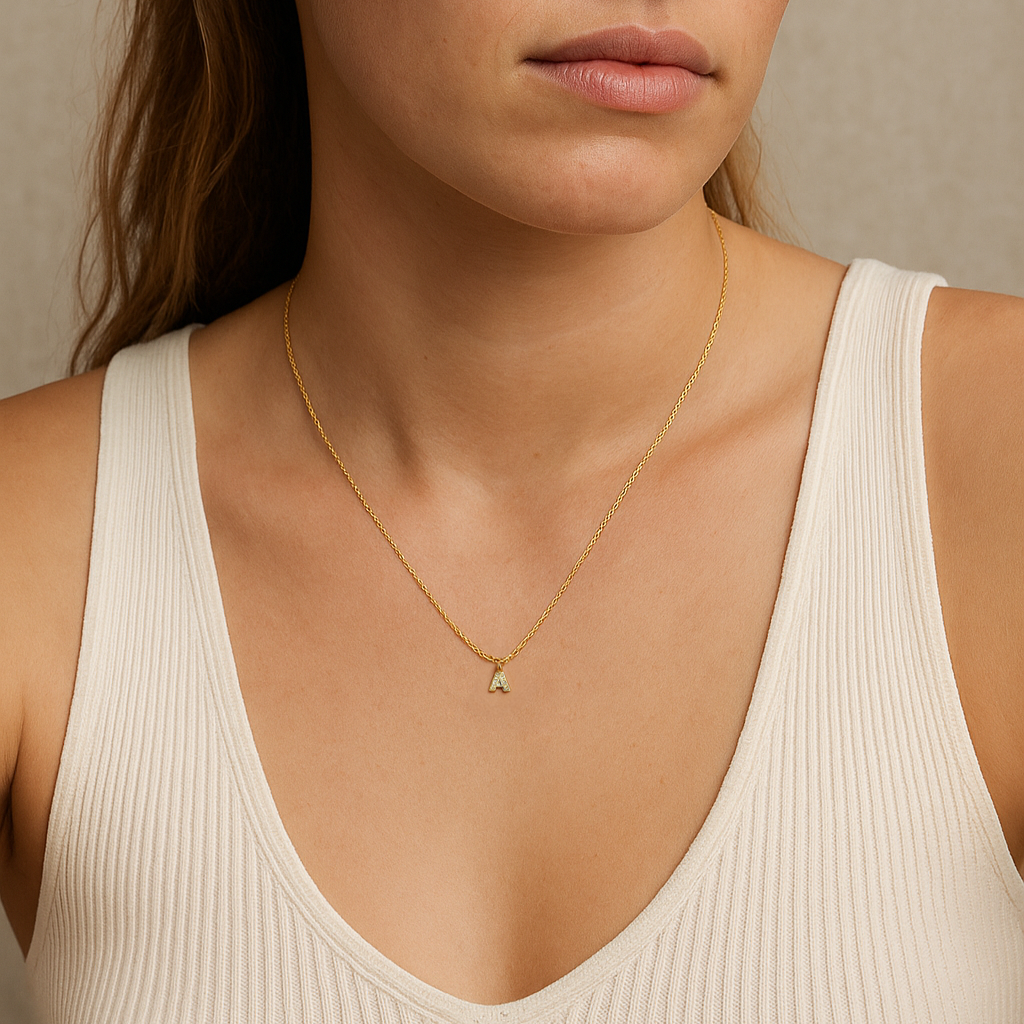 Bokstavshalsband med bokstavshänge med kristaller & ankarkedja