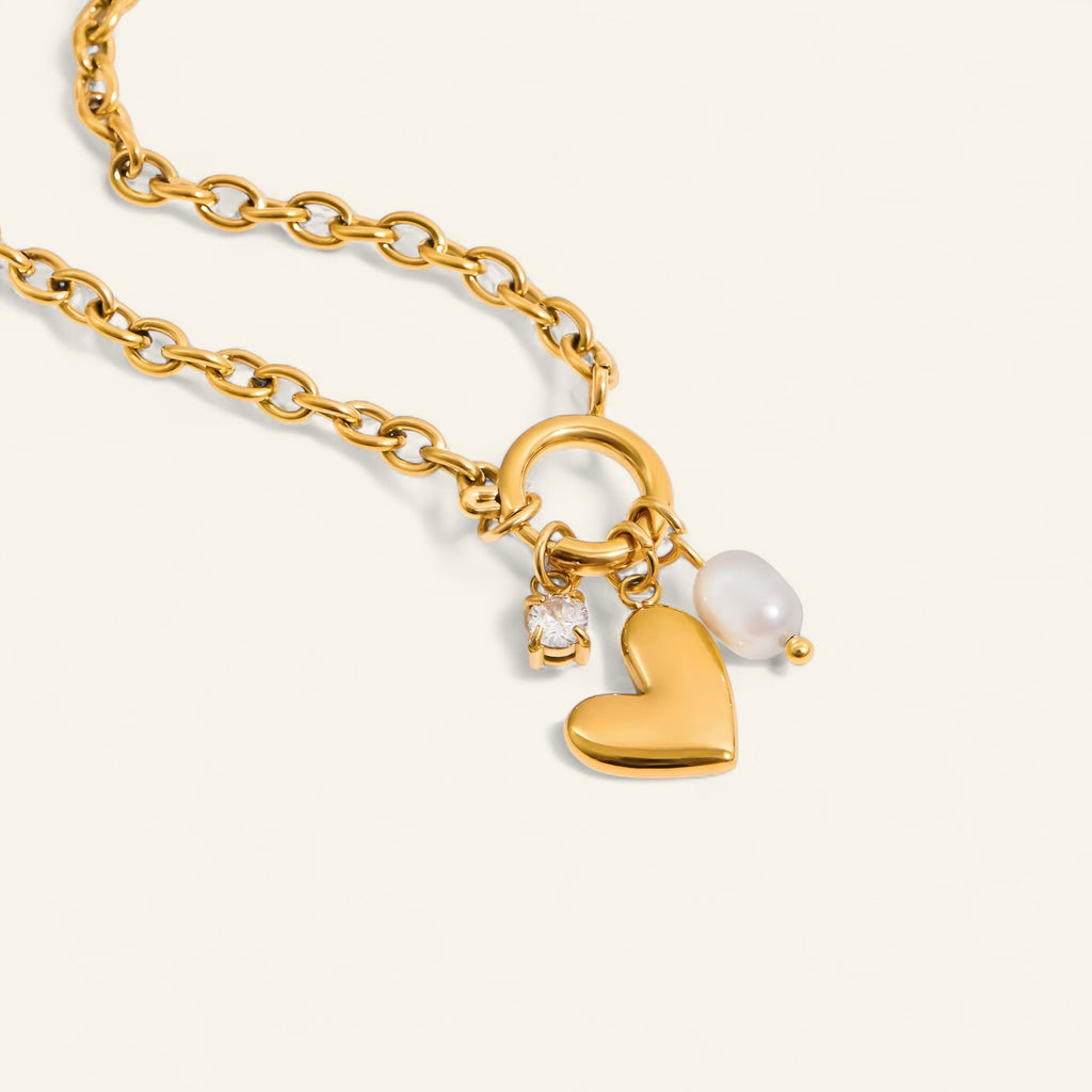 Halsband med hjärta, pärla och kristall