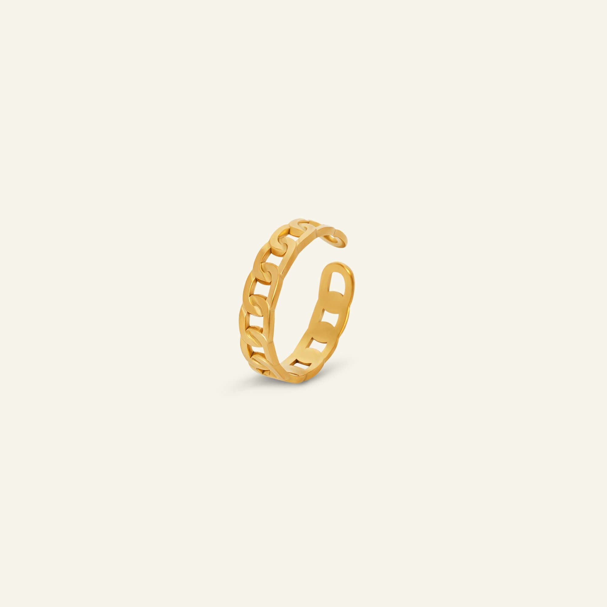Vattentålig justerbar ring i guldpläterat rostfritt stål med kedjelänksdesign – modern, öppen ring i minimalistisk stil.